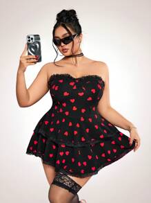 SHEIN ICON Kurzes Minikleid im Große Größen mit Herz-Aufdruck und doppelter Lage, Outfit für Valentinstag Date
