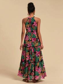 Travachic 女士热带花卉印花荷叶边下摆露背连衣裙，适合海滩度假 - 黑色 - 查看 2