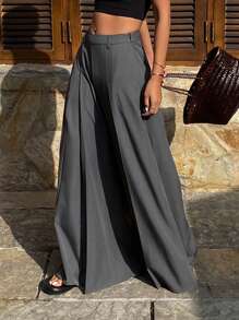 Livesso Luźne plisowane szerokie nogawki w stylu vintage w jednolitym kolorze dla kobiet, wiosna/lato - Szary - Zobacz 4