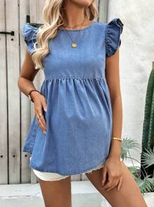 SHEIN Maternity Vacation Cap Sleeve Ruffle Hem Denim Blouse,Suitable For Parties, Holidays, Dates, Valentine's Day, Afternoon Tea, Summer / Summer Outfits / Summer Clothes,Spring / Spring Outfits For Women,Beach Outfits For Woman / Beach,Brunch Outfits For Women, Spring Break / Spring Break Outfits, Concert Outfit Women / Rave Outfits Festival / Country Concert Outfit / Ibiza Outfits / Nashville Outfits,Spring Outfits For Women / Spring,Summer Outfits For Women / Summer / Summer Clothes / Cute Summer Tops,Easter Dress / Easter / Easter Outfit Women,Concert Outfit Women / Rave Outfits / Rave Outfits Festival / Country Concert Outfit / Nashville Outfits / Ibiza Outfits,Western Wear Women / Western / Western Clothes For Women,Cowgirl Outfits For Women / Rodeo Outfits For Women / Cowgirl Outfit,Beach Outfits For Woman / Beach, Brunch Outfits For Women