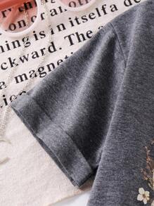 Young Girl Casual Short Sleeve Floral & Crescent Moon Print Tee, Daily/Outdoor Wear For Summer - Grey - View 8