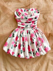 Soleia Women's Casual Rose Print Bandeau Bodycon Spring Mini Dress - White - View 6