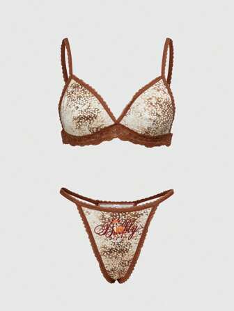 Fairycore Set di lingerie senza fili composto da reggiseno e mutande, con stampa di cervo e applicazioni di pizzo in stile fairy garden, per donne