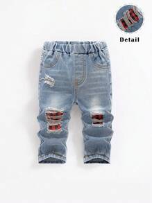 SHEIN Baby Boy Retro Distressed Vintage Washed Ripped Frayed Plaid Patchwork Loose Fit Straight Leg Light Blue Denim Jeans, For Spring/Summer - Light Wash - View 1