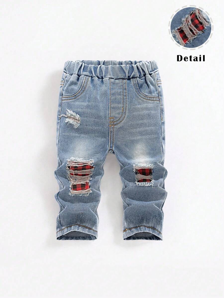 SHEIN Baby Boy Retro Distressed Vintage Washed Ripped Frayed Plaid Patchwork Loose Fit Straight Leg Light Blue Denim Jeans, For Spring/Summer - Light Wash - View 1