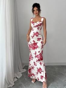 Elenzga 女式垂领玫瑰印花休闲连衣裙，简约时尚日常穿着 - 彩色 - 查看 3