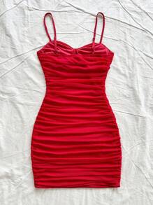 Soleia Mesh Ruched Strappy Mini Dress,Red,Summer,70's,Club Night,Party Disco,Bohemian,Music Festivals,Vacation,Holiday,Afternoon Tea,Date,Red Color Dress - Red - View 2