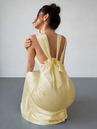 Firerie The New Yellow Satin Silk Elegant Backless Strappy Collar Ruffled Hem Long Dress Is Suitable For Wedding Season, Bridesmaid Dresses, Date Night, Cocktail Parties, Graduation Ceremonies, Garden Parties, Vacations And Other Occasions, Highlighting The Body Curves And Highlighting Personal Unique Charm,Summer Dresses For Women,Pastel Dresses For Women