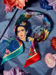 Frida Kahlo X SHEIN 100 cm Elegant Floral Printed Dublu-Adevărat Satin Neted Eșarfă Șal Accesoriu de păr Bandă de păr, Potrivit pentru viața de zi cu zi și vacanță Bandă de păr Turban