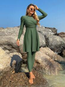 Swim Mulvari Women's Solid Color Loose Long Sleeve Top And Full Length Pants Burkini Swimsuit Set, Beach Vacation, SummerArabic Clothing - Dark Green - View 4