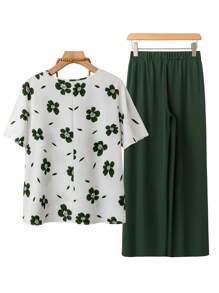 EMERY ROSE Conjunto de 2 piezas de ropa casual de talla grande para mujer con camiseta de cuello redondo con estampado floral y rhinestones + pantalón de pierna ancha de tejido liso