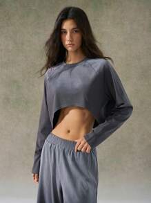 LYSMO 2025 New Arrival Spring Summer Oversized Washed Raglan Sleeve Cropped Top - Grey - View 5