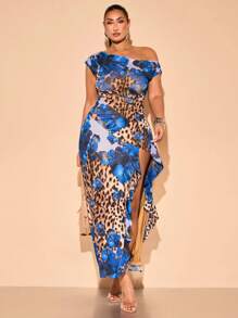 SHEIN BAE 加大码不对称领口高开叉豹纹花卉印花连衣裙，女士生日礼服