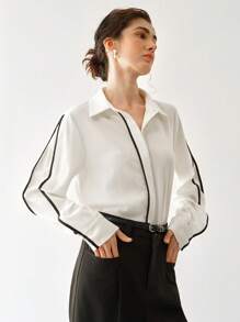 SHEIN LUNE Women's Casual Business Color-Block Long Sleeve Woven Shirt Fall Cloth For Women - Black and White - View 6