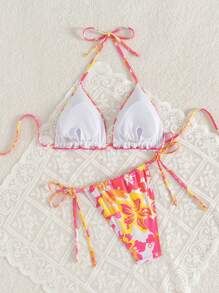 SHEIN Swim Conjunto de 2 piezas de ropa de playa para mujer, con top de halter con volantes con estampado floral y pantalones de baño con lazada lateral, para vacaciones de verano