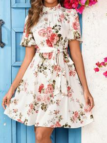 Ellevyn Women's Elegant Ruffle Collar Short Sleeve Cinched Waist Waist Floral Print A-Line Mini Dress - Multicolor - View 10
