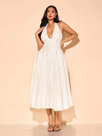 SHEIN BAE 大码女式性感优雅提花露背连衣裙，适合日常穿着、外出、约会、下午茶、度假、春夏季、毕业礼服、女士生日礼服