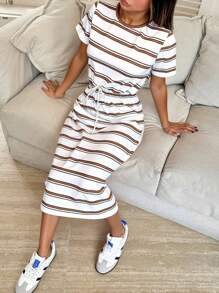 Calvaya Striped Tie Front Midi Casual Dress For Women, Minimalist Style