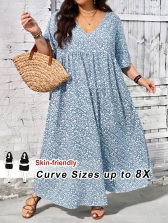 SHEIN CURVE+ Große Größen Damen Urlaubs-Babydoll-Kleid in lockerem Blumenmuster mit V-Ausschnitt und Kurzarm, arabisches Kleid, arabische Boho-Urlaubskleidung
