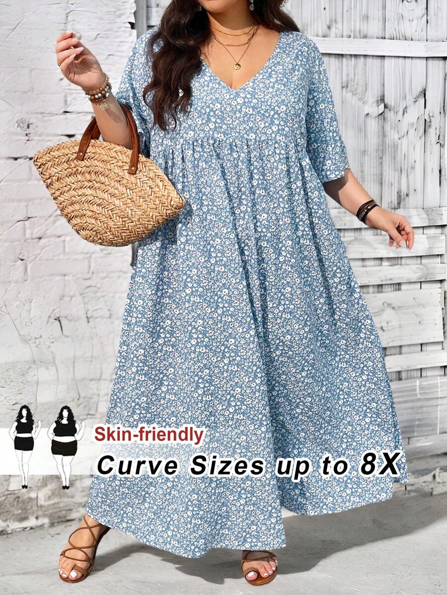 SHEIN CURVE+ Plus Size Women's Vacation Loose Ditsy Floral V-Neck Short Sleeve Babydoll Teacher Dress,Arabian Dress,Arabian Clothing Boho Vacation,Beach Dress Sundress,Holiday Outfits
