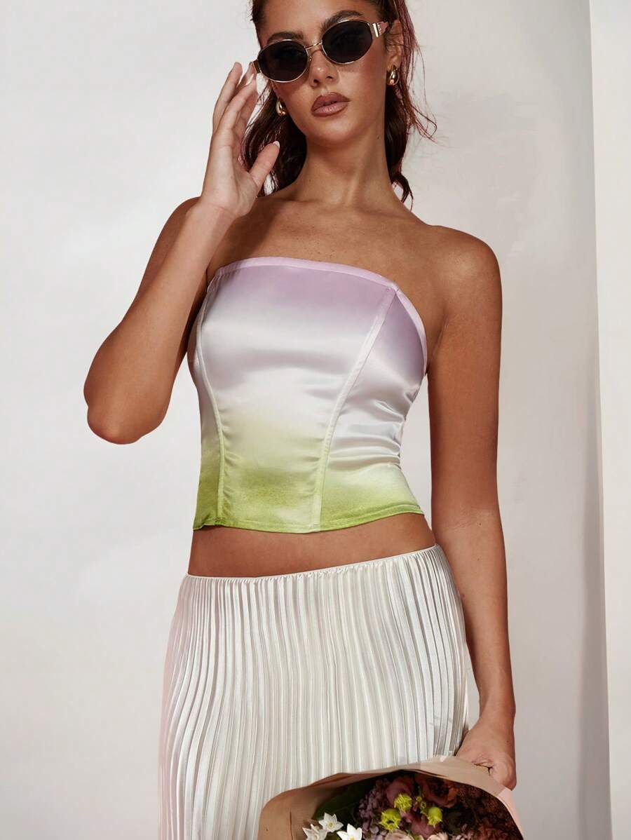 COSMINA Women Ombre Printed Bandeau Top, Pink And Green Contrast, Influencer Style - Multicolor - View 1