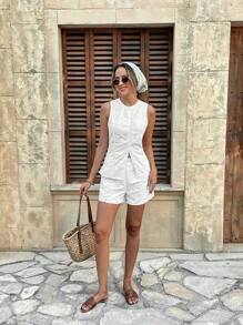 Chiquease 2pcs/Set Fashionable Casual Women Sleeveless Lace Crop Top And High Waisted Shorts Set, Summer - White - View 6