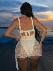 Swim SXY Sexy Women's Solid Color Spaghetti Strap Ruffled Edge Wire-Rimmed Front Bow Monokini & Double Layered Ruffle Hem Beach Skirt, 2pcs Set For Summer Beach Vacation - Apricot - View 2