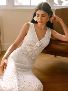 SHEIN LUNE Knitted Hollow Three-Dimensional Flower Elegant Sexy Fishtail Vest Dress - White - View 1