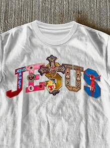 Áo thun cổ tròn in hình thánh giá và Chúa Jesus nhiều màu đá quý tôn giáo dành cho nữ - trắng - Xem 3