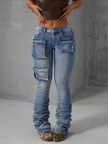 SHEIN ICON Women Casual Distressed Fitted Cargo Jeans - Blue and White - View 5