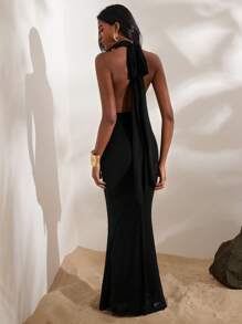 Opulessa Women's Black Color Elegant  Criss Cross Halter Dress, Elegant  Clothes For Women, For Autumn And Winter - Black - View 6