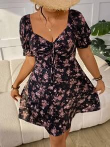 SHEIN VCAY Váy in hoa tay bồng cổ tim cỡ lớn - Nhiều màu - Xem 6