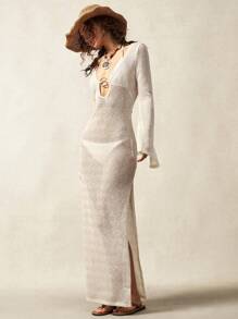 Bohemela Boho 1pc Women's Solid Color Knitted Long Bell Sleeve Backless Fitted Dress - Apricot - View 5