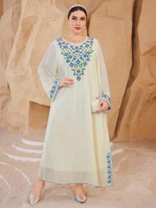 Al Najma Plus Size Embroidered Arabic Long Sleeve Round Neck Long Kaftan Dress,Modest - Apricot - View 3