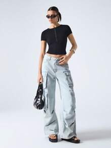 LYSMO Women's Black Button Half-Placket Short-Sleeved Cropped Slim-Fit T-Shirt - Black - View 1