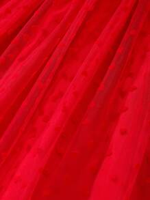 Girls V-Neck Sleeveless Heart Mesh Elegant Dress With Belt, Spring/Summer