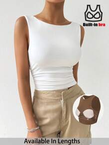 SHEIN PETITE CURVE 大码女式纯色圆领褶皱修身背心 - 白色 - 查看 1
