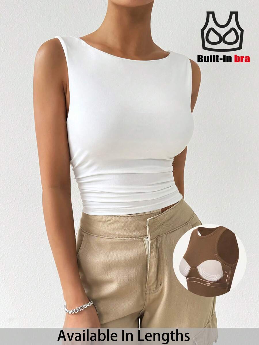 SHEIN PETITE CURVE 大码女式纯色圆领褶皱修身背心 - 白色 - 查看 1