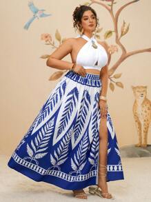Travachic Tropical Print Plus Size Loose Swing Skirt, High Slit Beach Bohemian Skirt For Women, Spring Summer - Blue - View 3