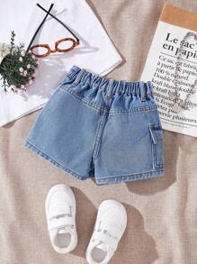SHEIN Baby Girl Blue Cargo Pocket Casual Denim Short Skort - Medium Wash - View 2