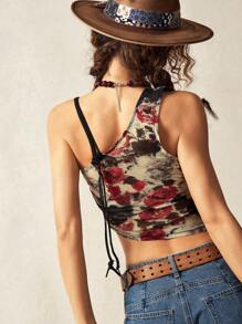 Bohemela Top de mode féminin imprimé floral asymétrique sans manches pour villégiature
