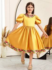 Tween Girls Vacation Bubble Short Sleeve Dress With V-Back Neckline - Yellow - View 4