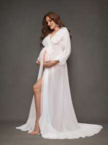 SHEIN 纯色欧根纱灯笼袖孕妇长款摄影连衣裙，适合孕妇拍摄