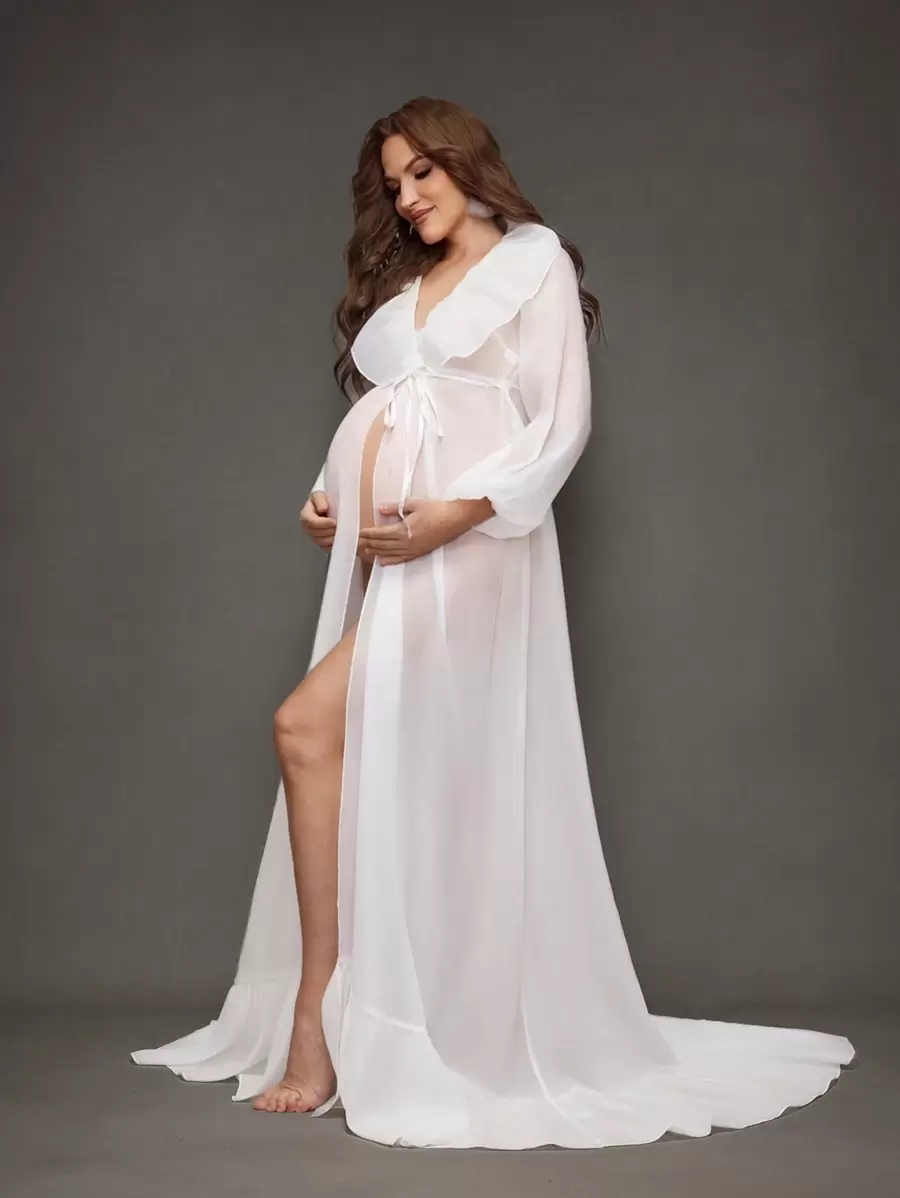 SHEIN 纯色欧根纱灯笼袖孕妇长款摄影连衣裙，适合孕妇拍摄