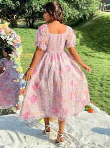 SHEIN Clasi Halloween Plus Size Ladies Elegant Woven Short Sleeve Bra Cup Double Layer Organza Random Flower Pattern Pullover Dress - Dusty Pink - View 2