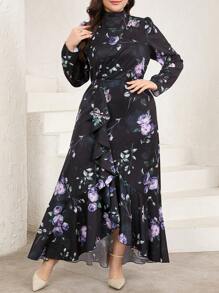 Veilorie Plus Size Women's Floral Print Stand Collar Long Sleeves Stitching Ruffles Elegant Dress