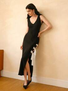 Uhlyne Ärmeloses elegantes sexy Bindeknoten Farbblock Maxikleid aus Strick für Damen