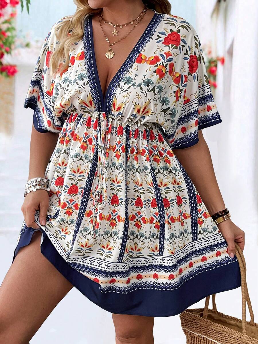 Rometta Vestido de manga abullonada con cuello en V y cintura ceñida con estampado floral retro, para moda de primavera y verano - Multicolor - Ver 1