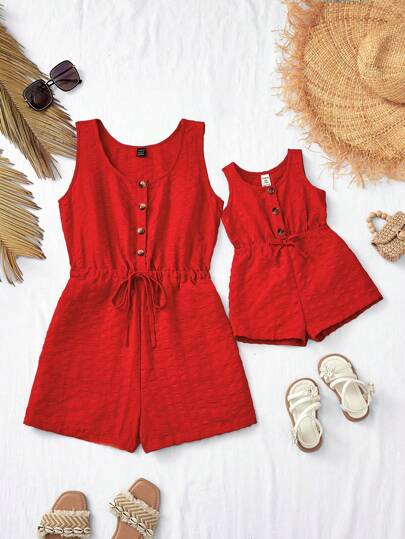 SHEIN 2 Pieces Mommy And Me Matching Outfit: Cute Red Sleeveless Romper For Baby Girl, Summer