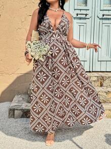 SHEIN VCAY Plus Size Floral Print Spaghetti Strap Backless Dress,Brown Summer Boho Vacation Wedding Guest Holiday Outfits,Western Tropical Beach Tea Party Dress - Multicolor - View 7